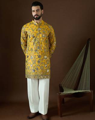 Men’s yellow georgette solid embroidered kurta with trouser set | trendy designer ethnic wear for wedding, festive 5