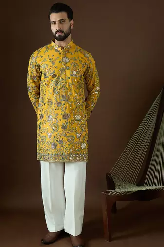 Men’s yellow georgette solid embroidered kurta with trouser set | trendy designer ethnic wear for wedding, festive