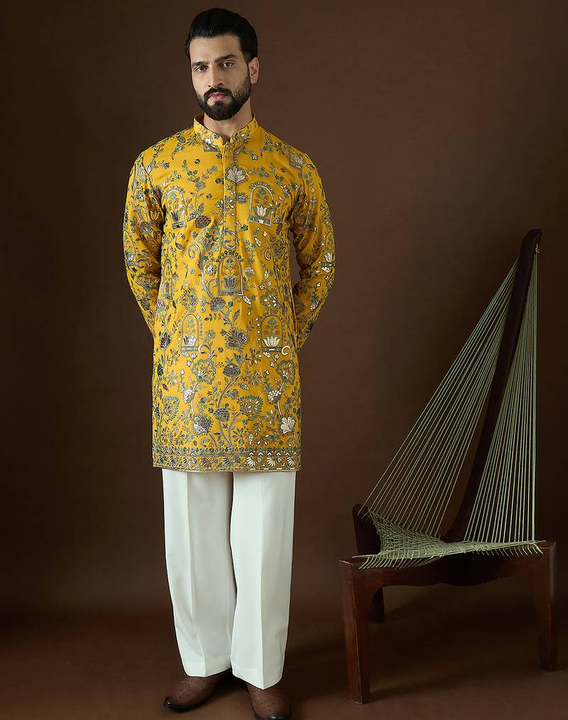 Men’s yellow georgette solid embroidered kurta with trouser set | trendy designer ethnic wear for wedding, festive