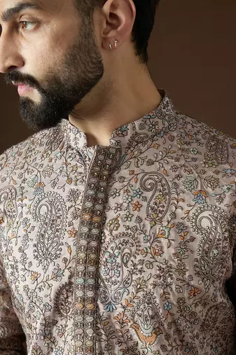 Men’s beige polyester solid embroidered kurta with trouser set | trendy designer ethnic wear for wedding, festive