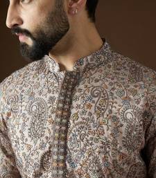 Men’s beige polyester solid embroidered kurta with trouser set | trendy designer ethnic wear for wedding, festive
