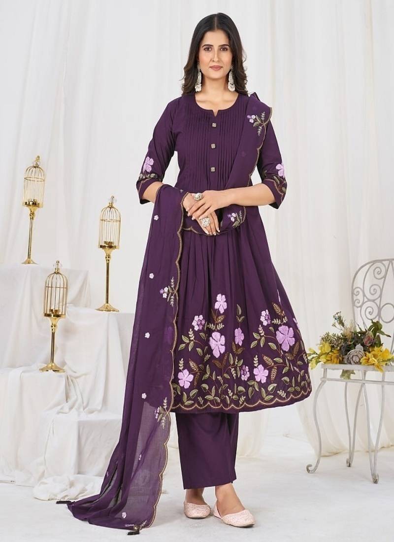 Embroidered cotton kurta with pant & dupatta set for women