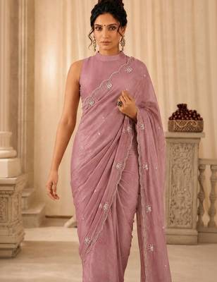 Pink embellished beads and stones satin designer saree 3
