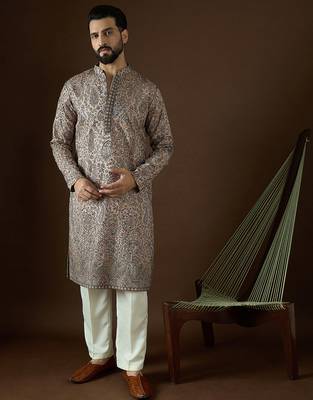 Men’s beige polyester solid embroidered kurta with trouser set | trendy designer ethnic wear for wedding, festive 3