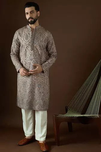 Men’s beige polyester solid embroidered kurta with trouser set | trendy designer ethnic wear for wedding, festive