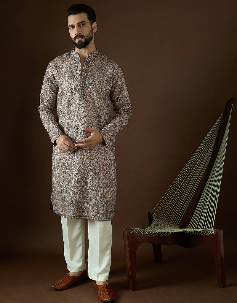 Men’s beige polyester solid embroidered kurta with trouser set | trendy designer ethnic wear for wedding, festive