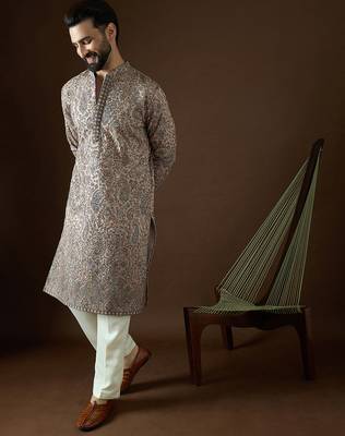 Men’s beige polyester solid embroidered kurta with trouser set | trendy designer ethnic wear for wedding, festive 1