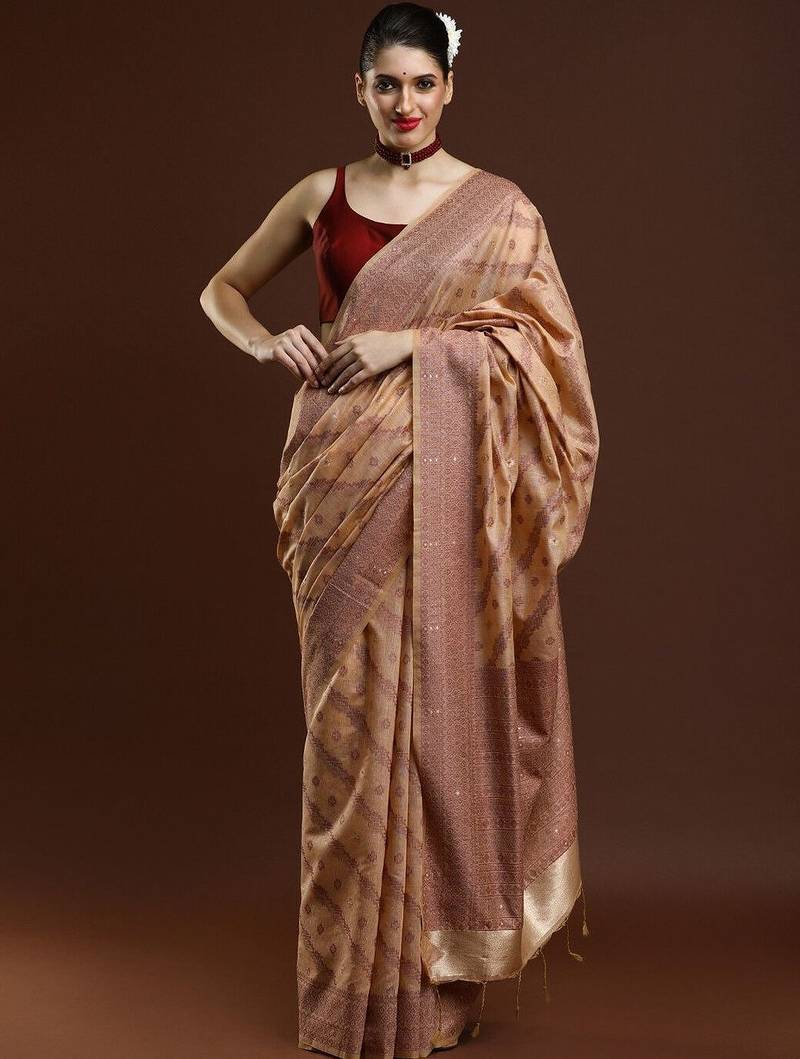Beige woven design saree with blouse