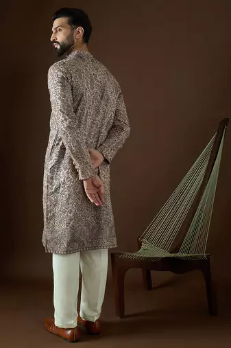 Men’s beige polyester solid embroidered kurta with trouser set | trendy designer ethnic wear for wedding, festive