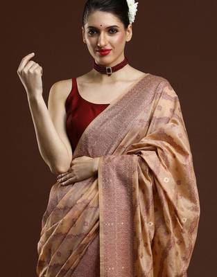 Beige woven design saree with blouse 2