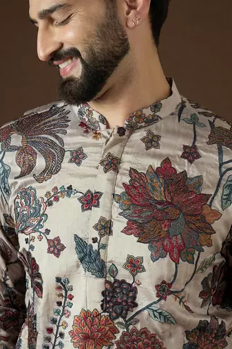 Men’s beige polyester solid embroidered kurta with trouser set | trendy designer ethnic wear for wedding, festive