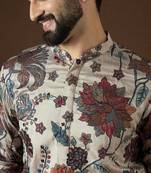 Men’s beige polyester solid embroidered kurta with trouser set | trendy designer ethnic wear for wedding, festive