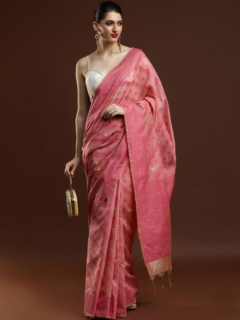 Pink woven design saree with blouse