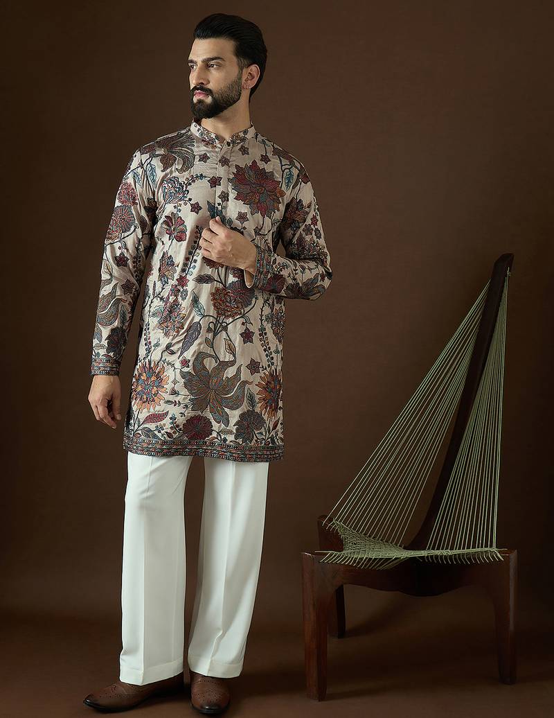 Men’s beige polyester solid embroidered kurta with trouser set | trendy designer ethnic wear for wedding, festive