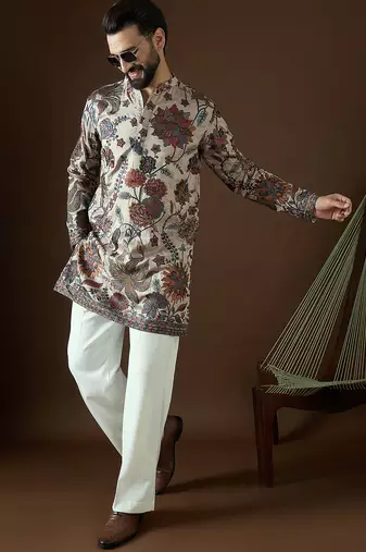 Men’s beige polyester solid embroidered kurta with trouser set | trendy designer ethnic wear for wedding, festive