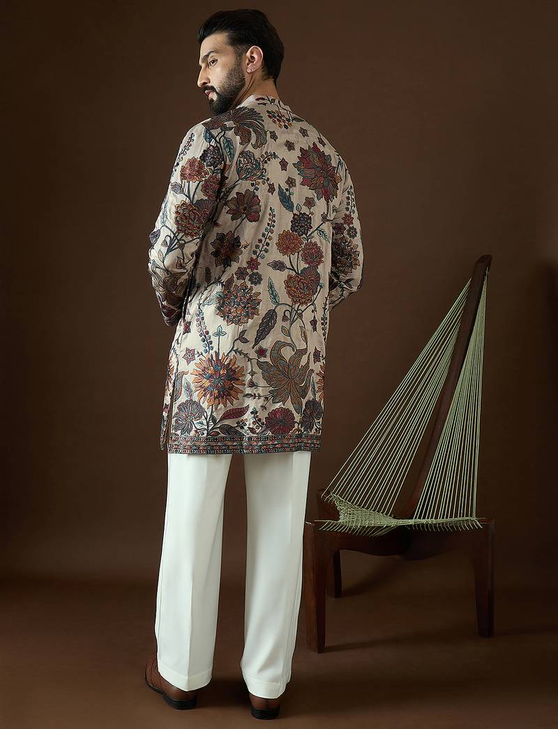 Men’s beige polyester solid embroidered kurta with trouser set | trendy designer ethnic wear for wedding, festive