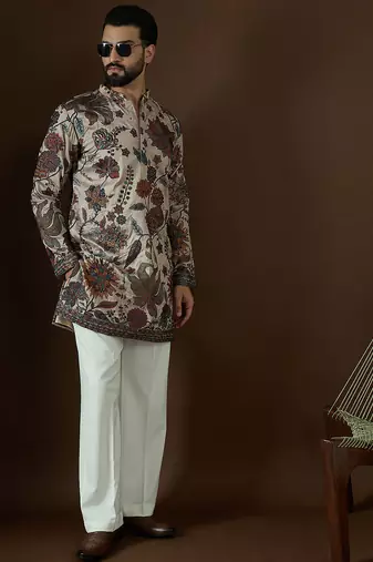 Men’s beige polyester solid embroidered kurta with trouser set | trendy designer ethnic wear for wedding, festive