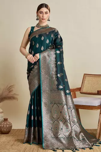 Green ethnic motifs woven design zari saree with unstitched blouse
