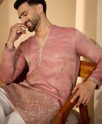 Men’s pink silk blend kurta with solid zari embroidered | trendy ethnic wear for festive, wedding & party occasions 1