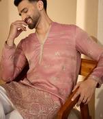 Men’s pink silk blend kurta with solid zari embroidered | trendy ethnic wear for festive, wedding & party occasions