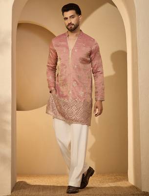 Men’s pink silk blend kurta with solid zari embroidered | trendy ethnic wear for festive, wedding & party occasions 2