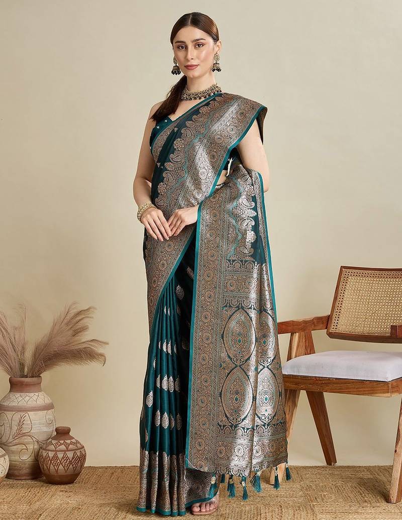 Green ethnic motifs woven design zari saree with unstitched blouse