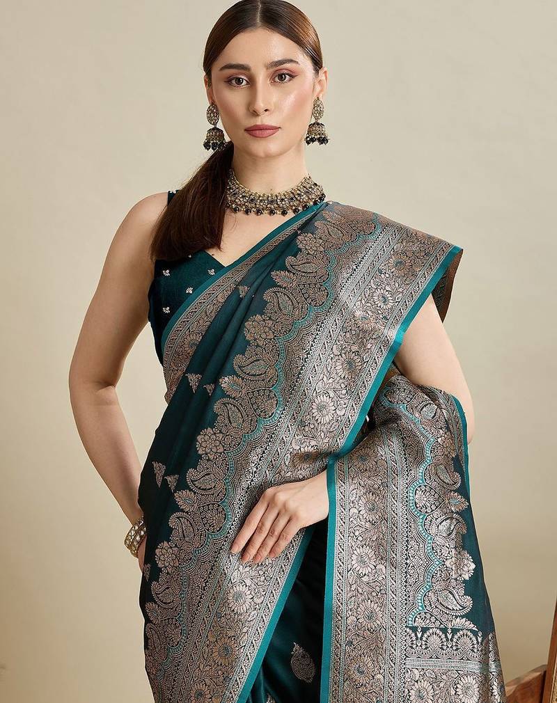 Green ethnic motifs woven design zari saree with unstitched blouse
