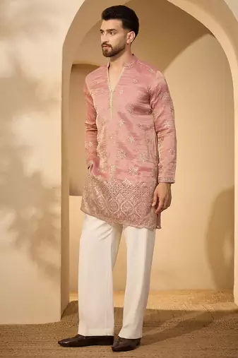 Men’s pink silk blend kurta with solid zari embroidered | trendy ethnic wear for festive, wedding & party occasions