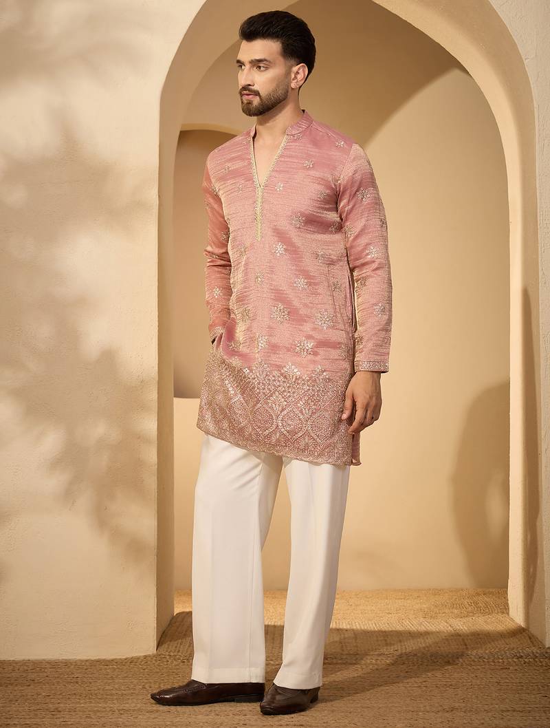 Men’s pink silk blend kurta with solid zari embroidered | trendy ethnic wear for festive, wedding & party occasions