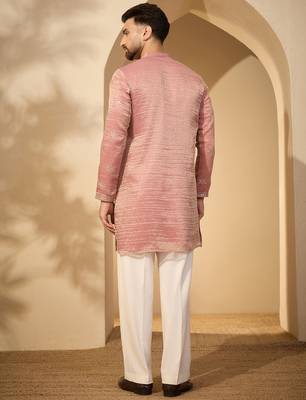 Men’s pink silk blend kurta with solid zari embroidered | trendy ethnic wear for festive, wedding & party occasions 4