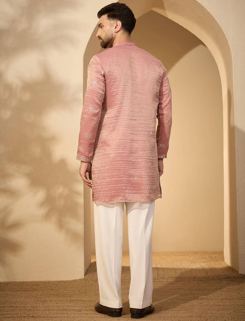 Men’s pink silk blend kurta with solid zari embroidered | trendy ethnic wear for festive, wedding & party occasions