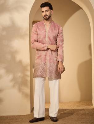 Men’s pink silk blend kurta with solid zari embroidered | trendy ethnic wear for festive, wedding & party occasions 5