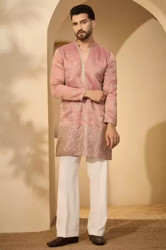 Men’s pink silk blend kurta with solid zari embroidered | trendy ethnic wear for festive, wedding & party occasions
