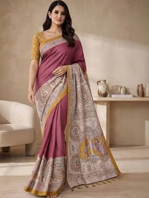 Purple kalamkari silk blend saree 1