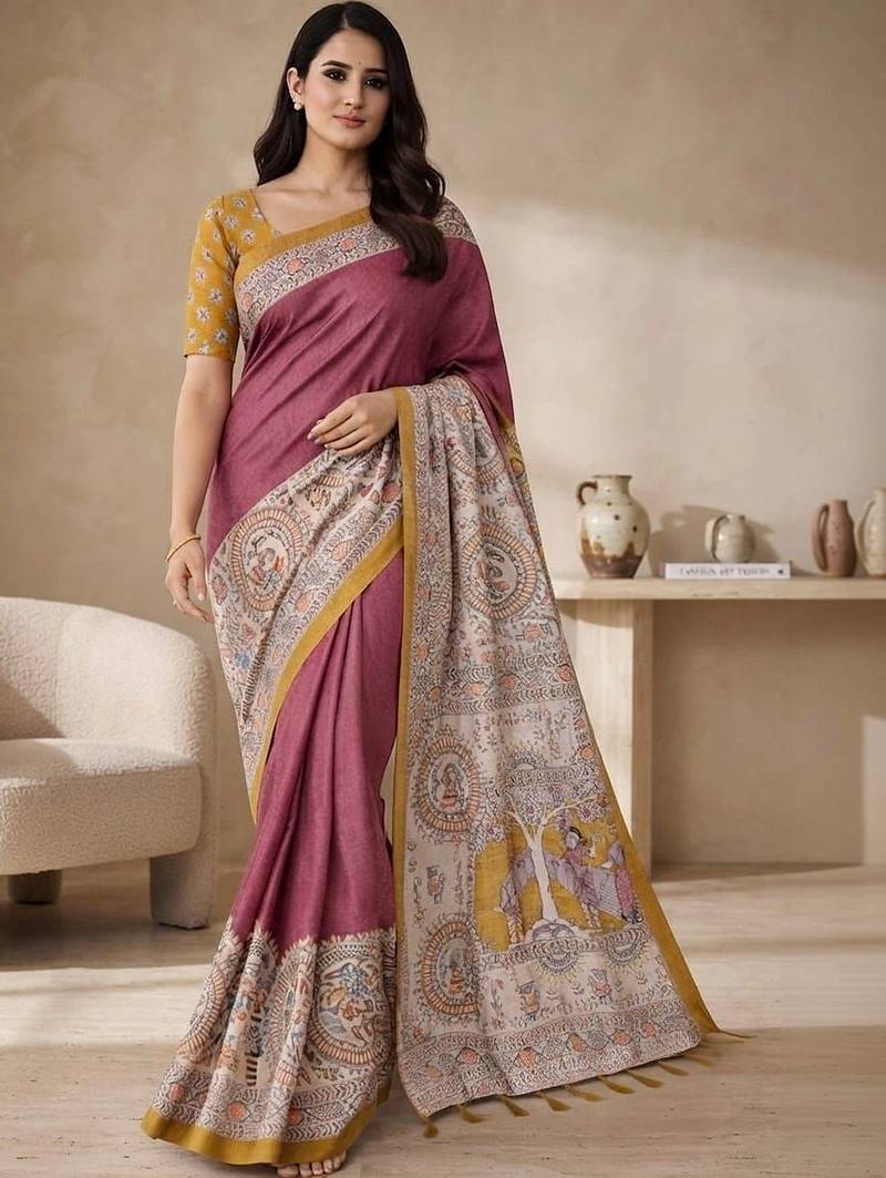 Purple kalamkari silk blend saree