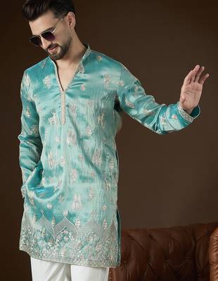 Men’s turquoise blue silk blend kurta with solid zari embroidered | trendy ethnic wear for festive, wedding & party 2