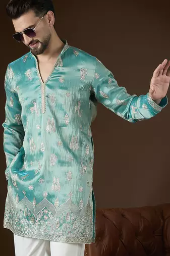 Men’s turquoise blue silk blend kurta with solid zari embroidered | trendy ethnic wear for festive, wedding & party