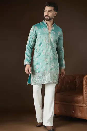 Men’s turquoise blue silk blend kurta with solid zari embroidered | trendy ethnic wear for festive, wedding & party