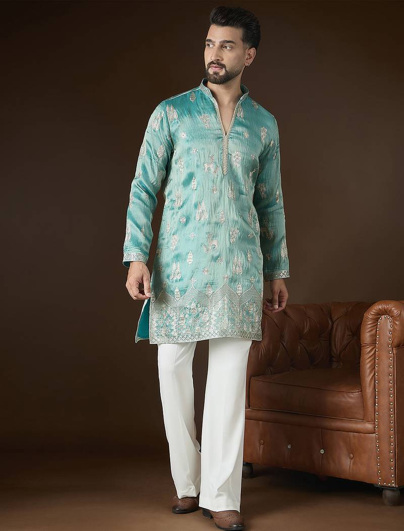 Men’s turquoise blue silk blend kurta with solid zari embroidered | trendy ethnic wear for festive, wedding & party