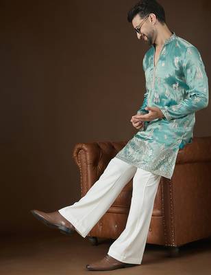 Men’s turquoise blue silk blend kurta with solid zari embroidered | trendy ethnic wear for festive, wedding & party 1