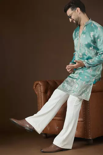 Men’s turquoise blue silk blend kurta with solid zari embroidered | trendy ethnic wear for festive, wedding & party