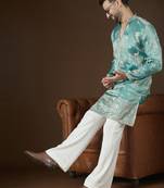 Men’s turquoise blue silk blend kurta with solid zari embroidered | trendy ethnic wear for festive, wedding & party
