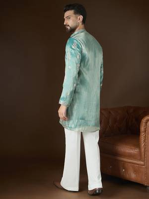 Men’s turquoise blue silk blend kurta with solid zari embroidered | trendy ethnic wear for festive, wedding & party 4