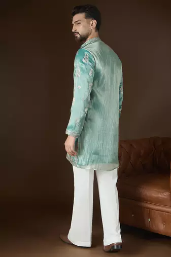 Men’s turquoise blue silk blend kurta with solid zari embroidered | trendy ethnic wear for festive, wedding & party