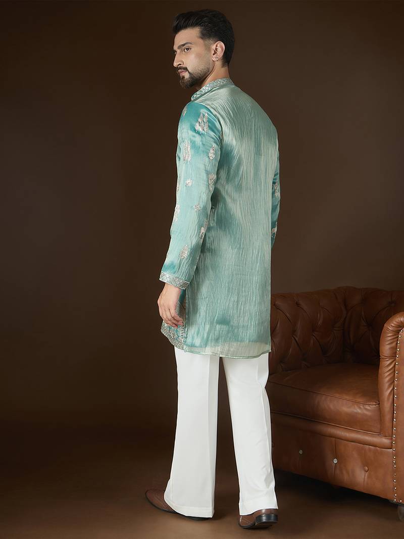 Men’s turquoise blue silk blend kurta with solid zari embroidered | trendy ethnic wear for festive, wedding & party