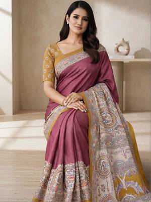 Purple kalamkari silk blend saree 4