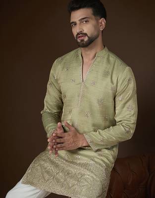 Men’s olive silk blend kurta with solid zari embroidered | trendy ethnic wear for festive, wedding & party occasions 2
