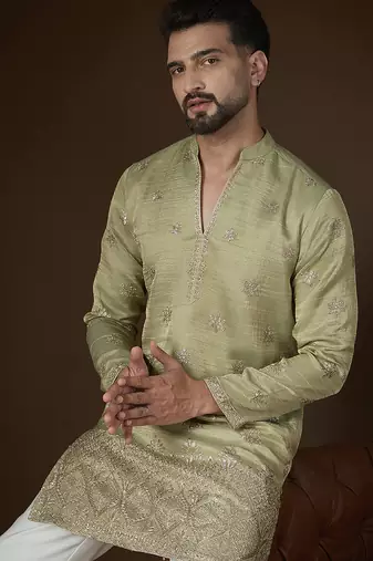 Men’s olive silk blend kurta with solid zari embroidered | trendy ethnic wear for festive, wedding & party occasions