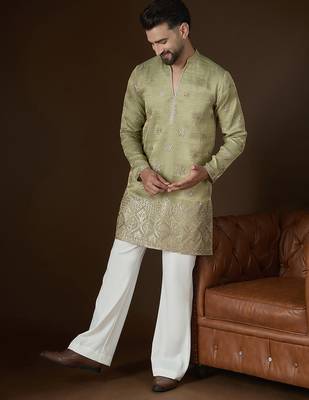Men’s olive silk blend kurta with solid zari embroidered | trendy ethnic wear for festive, wedding & party occasions 3