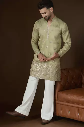 Men’s olive silk blend kurta with solid zari embroidered | trendy ethnic wear for festive, wedding & party occasions